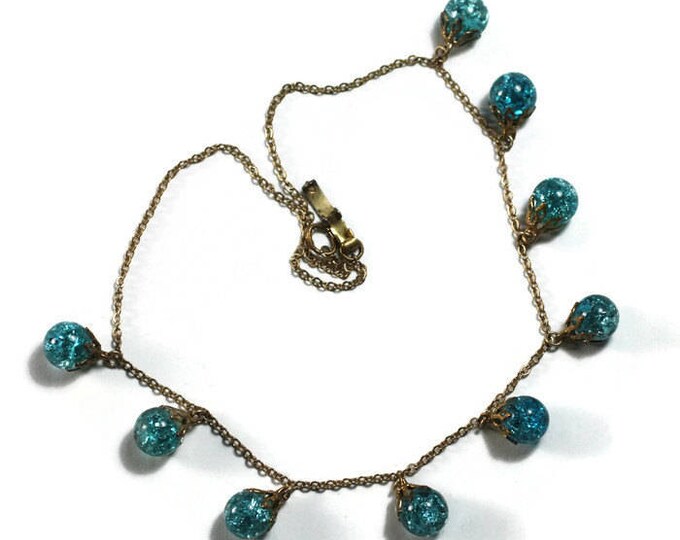 Turquoise Aqua Crackle Glass Bead Necklace Dangles Vintage