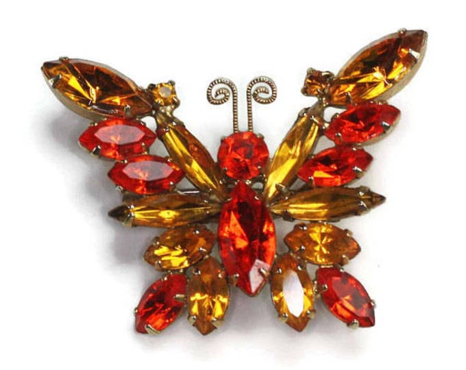 Orange and Topaz Rhinestone Butterfly Brooch Vintage Autumn Colors Dimensional