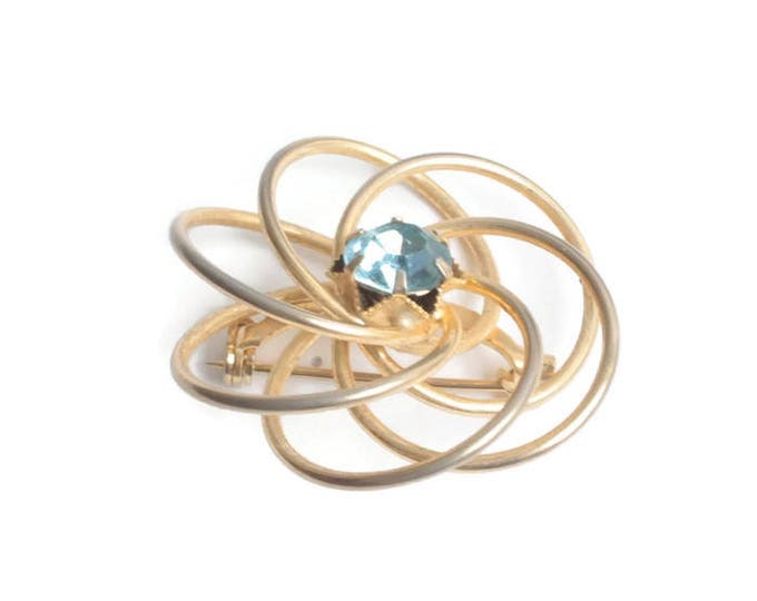 Aquamarine Glass Atomic Swirl Pin Gold Tone Dimensional Vintage