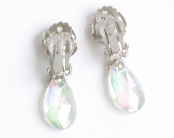 Flower Design Crystal Dangle Earrings Aurora Borealis Vintage Clip On