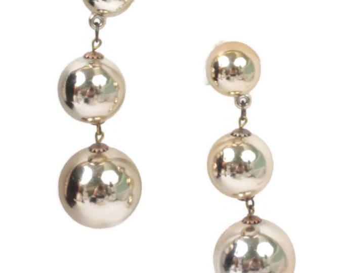 Gold Tone Ball Dangle Earrings Clip On Big Bold Graduated Size Vintage