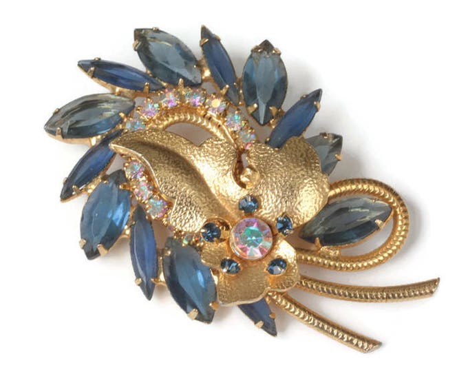 Juliana D and E Blue Rhinestone Brooch Gold Leaf Accent Wide and Narrow Navettes Book Piece 1962