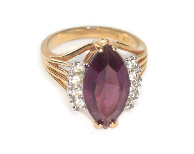 Amethyst Glass and Clear Stones Ring Marquise Stone 18KGE Statement Ring Size 8 Vintage