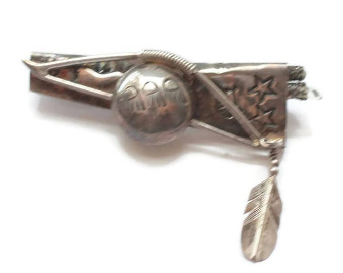 Native American Sterling Brooch Hunting Bow and Quiver of Arrows Symbols Stars Feather Vintage