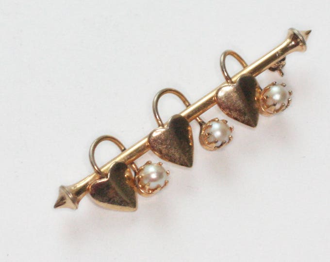 Cultured Pearl and Hearts Bar Pin Victorian Revival Vintage