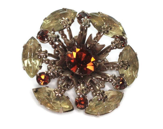 Rhinestone Brooch Golden Brown and Yellow Stones Atomic Style 1950s Vintage