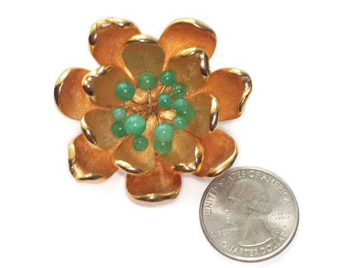 Gold Tone Dimensional Flower Brooch Green Glass Accents Vintage