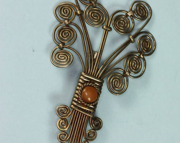 Vintage Swirled Metal Brooch Twisted Wire Design Butterscotch Glass Accent