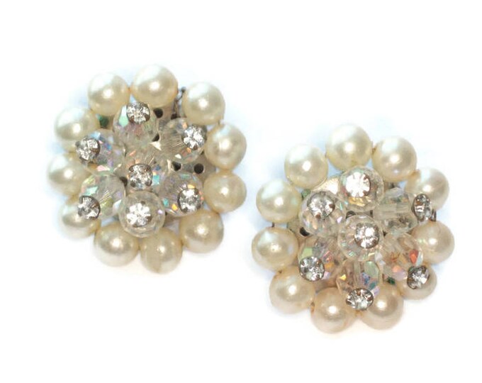 Faux Pearl and AB Bead Cluster Earrings Rhinestone Accents Clip On Style Vintage