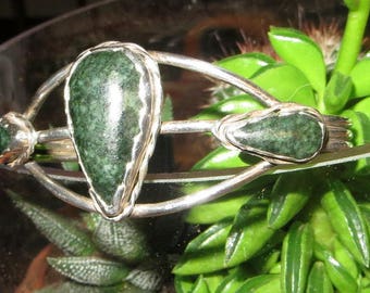 Native American Triple Green Black Jasper Stone Sterling Silver Cuff Bracelet