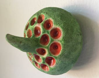Matte Moss Green and Red-Orange Ceramic Sprout Lotus Pod Wall Art Jewelry Ring Holder 6