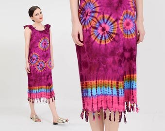Vintage 90s does 70s Purple Dress | Tie Dye Dress | Beaded Dress | Fringe Dress | Boho Hippie Tent Dress | Rainbow Festival Dress | Medium M