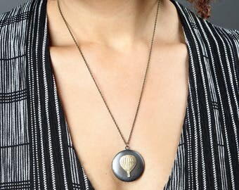 Long Hot Air Balloon Locket Necklace, Vintage Pendant, Large Air Balloon Locket