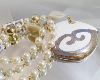 SALE Vintage Ceramic Beaded Necklace. White Ceramic Silver Accent Bead Necklace.