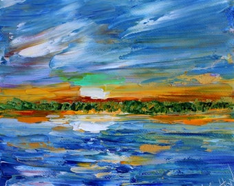 Green Flash at Sunset painting original oil 6x6 palette knife impressionism on canvas fine art by Karen Tarlton