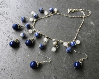 Lapis and Jade, fringe bib necklace, matching earrings, jewelry set