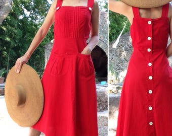French 1940s RED day dress with white buttons back/ cotton summer dress Sz S