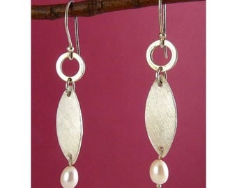 Sterling Silver Modernist Ellipse & Ring Drop Earrings with White Pearl Drops, Modernist, Pierced