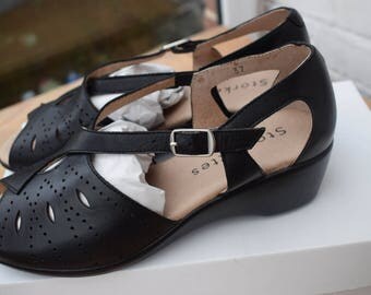 1940s 50s Rockabilly Style Leather Wedge Comforable Shoes sz 5 & 6 UK 37-39
