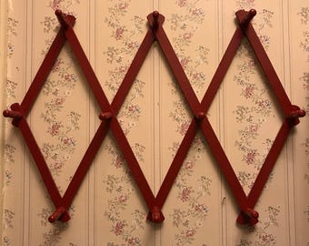 Vintage Large Red Wood Accordion Peg Rack Hat Rack Jewelry Organizer