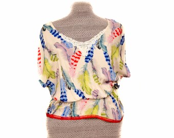 Feather printed lace blouse , beige, boho bohemian inspired look