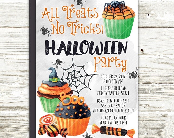 Halloween Party Invitation, All Treats No Tricks Halloweeen Party Sweets Scary Cupcakes Candies Halloween Treats Printable Invitation