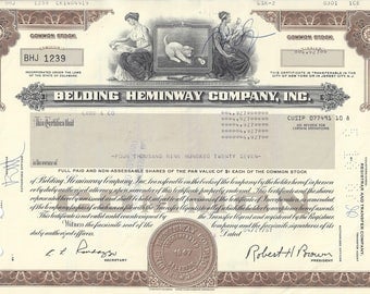 Vintage Belding Heminway Original Stock Certificate (brown), 1980's