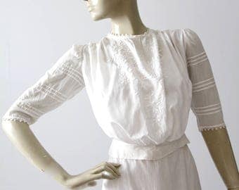 antique Edwardian blouse, pin tuck embroidered white cotton top