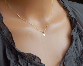 Tiny Cross Necklace, Dainty Gold Cross Choker, Child's Necklace, Christening Gift, Communion Gift, Confirmation Gift, Silver, Rose Gold