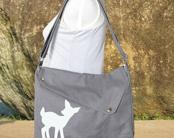 On Sale 20% off gray cotton canvas purse / messenger bag / shoulder bag / deer messenger /diaper bag / fawn sewn