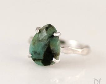 40 OFF - Green Raw Emerald Ring - May Birthstone Ring - Gemstone Ring - Stacking Ring - Silver Ring - Tear Drop Ring - Prong Set Ring