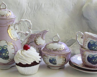 Pink, Blue, or Mismatched Sugar Skull Tea Set, Durable, Foodsafe, Day of the Dead Tea, Los Muertos Tea, Sugar Skull China, Sugar Skull Mug