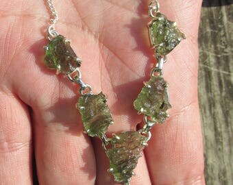 Adjustable and Adorable Magical Moldavite Necklace, Six Moldavite Stones, USA, 925 Silver