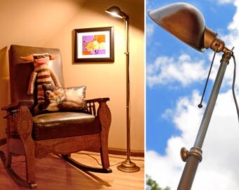 industrial lamp, Faries Mfg., floor lamp, classic, machine age, sleek, minimalist, adjustable heights, 1920s, antique, vintage office