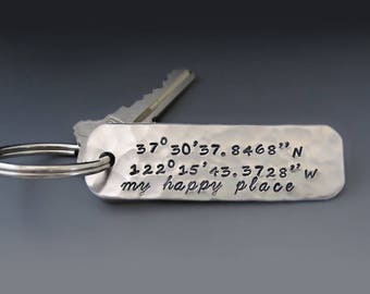 Silver Coordinates Keychain / Latitude Longitude Keychain / Personalized Keychain / Hand Stamped / Custom Keychain / Gifts for Anniversary
