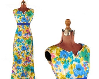 Vintage 1960' Bright Silk Blend Abstract Watercolor Floral Empire Waist Maxi Dress L
