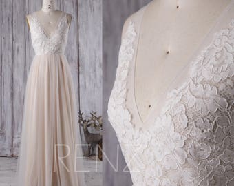 2017 Off White/Champagne Bridesmaid Dress, V Neck Lace Wedding Dress, A Line Tulle Prom Dress, Ruched Long Evening Gown Floor Length (LS162)