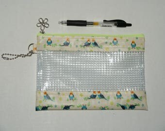 Waterproof Vinyl Zipper Pouch / Pencil Case / Cosmetic Bag Made with Laminated Cotton Love Birds - Ivory" with Vinyl