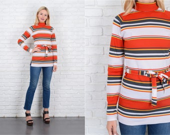 Vintage 70s Red + White Striped Top Mod Turtleneck Small S 10091