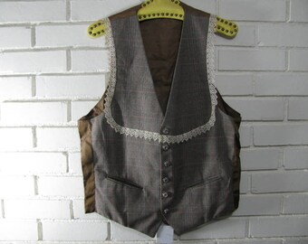 80's gray Glen Plaid vest with lace trim waist size 36''
