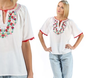 Mexican Top Embroidered Blouse 70s White Hippie Boho Shirt FESTIVAL Cotton Tunic Peasant Bohemian Red Floral Vintage Ethnic Loose Large