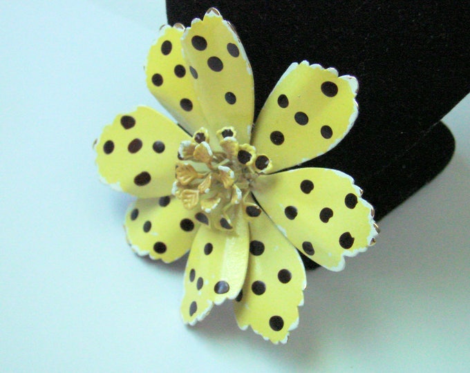 Vintage Yellow & Brown Floral Polka Dot Enamel Metal Brooch / Gold Accents