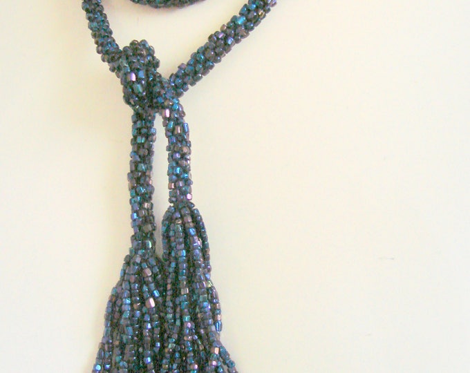 Antique Flapper Navy Blue Iridescent Glass Seed Bead Sautoir Lariat Tassel Necklace / Vintage Jewelry / Jewellery