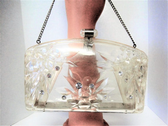 Lucite Rhinestone Purse - Vintage Clear Plastic - 50's Party Wedding Bag