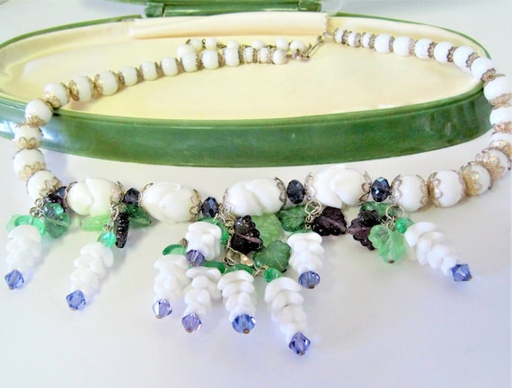 Milk Glass Bead Necklace - Crystals Dangling - Grapes and Leaves