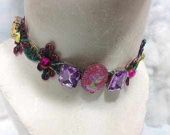 Pink purple cameo beaded choker, cameo necklace, steampunk necklace, Victorian cameo neckpiece blue bead choker goth choker Victorian choker