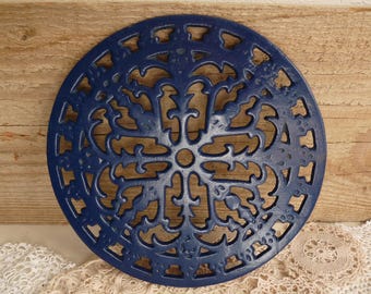 Vintage French CAST IRON TRIVET, Dark Blue, Ornate, Round Trivet.