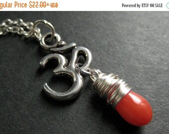 BACK to SCHOOL SALE Om Necklace. Orange Coral Necklace. Yoga Necklace. Ohm Necklace in Silver. Teardrop Necklace. Handmade Jewelry.