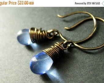 BACK to SCHOOL SALE Bronze Earrings - Baby Blue Earrings with Glass Teardrops, Wire Wrapped Handmade Earrings. Handmade Jewelry.