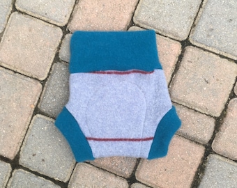 Cloth Diaper Cover, Wool Soaker, Shorties, Cloth Nappy Cover - - Light Blue and Red Stripes - size Medium